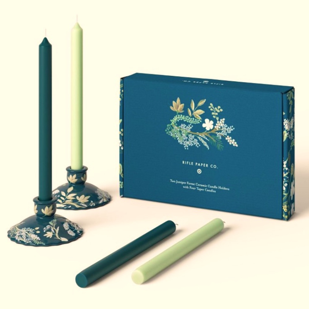 Rifle paper co. Taper candle holders in Juniper Forest design